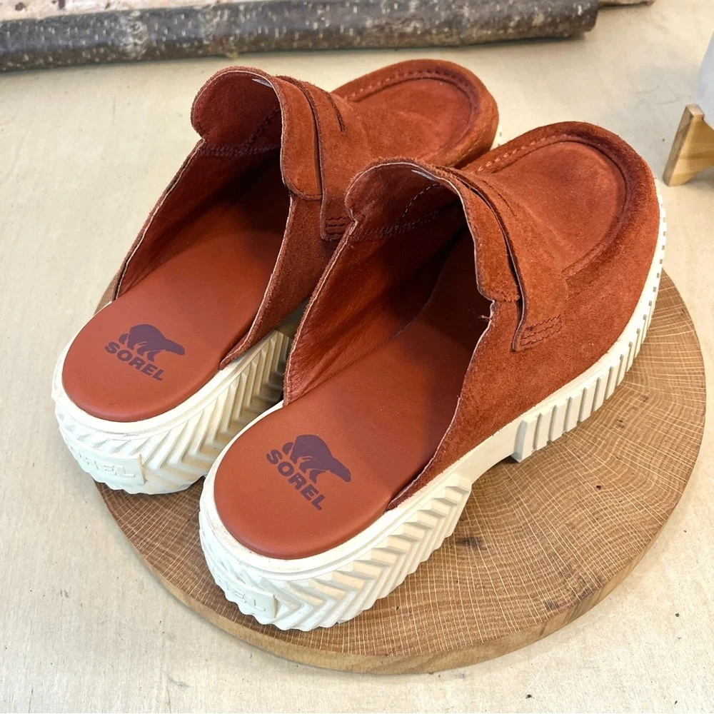 Sorel Suede Penny Mule in Burnt Orange and Cream Platform - Picture 7 of 16